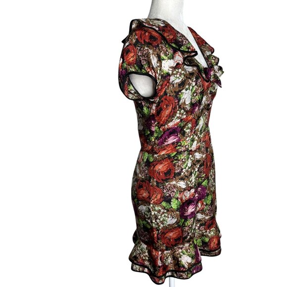 Twelve by Twelve Floral Silk Dress Ruffled Collar Small Multicolor Side Zipper - Picture 5 of 7